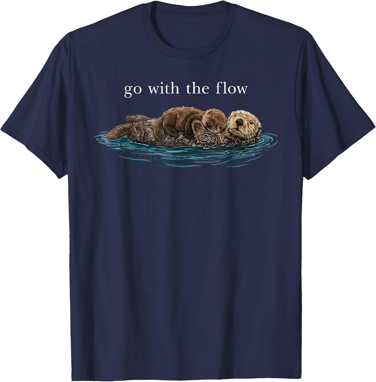 Go with The Flow Otter Floating Calm Nature Art T-Shirt - Navy Blue