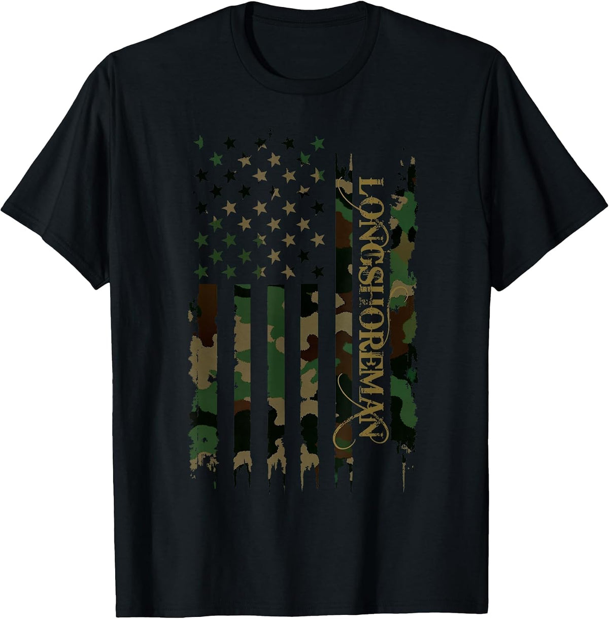 Longshoreman United States Distressed Camo w US Flag T-Shirt - Black