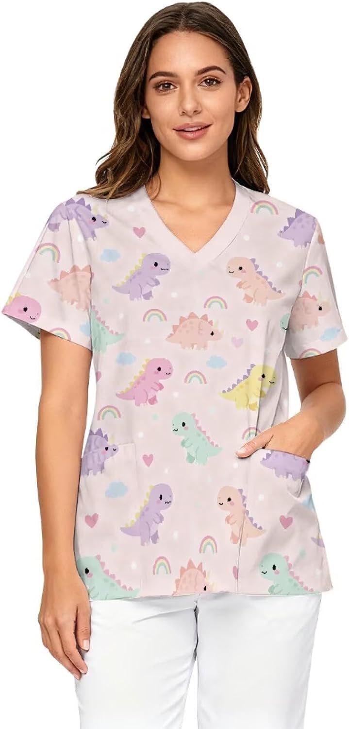 Oversized Scrubs for Women V Neck Printed Medical Scrub Tops Soft Nurse Uniform Shirts with Pockets Size S - 5XL - Cartoon