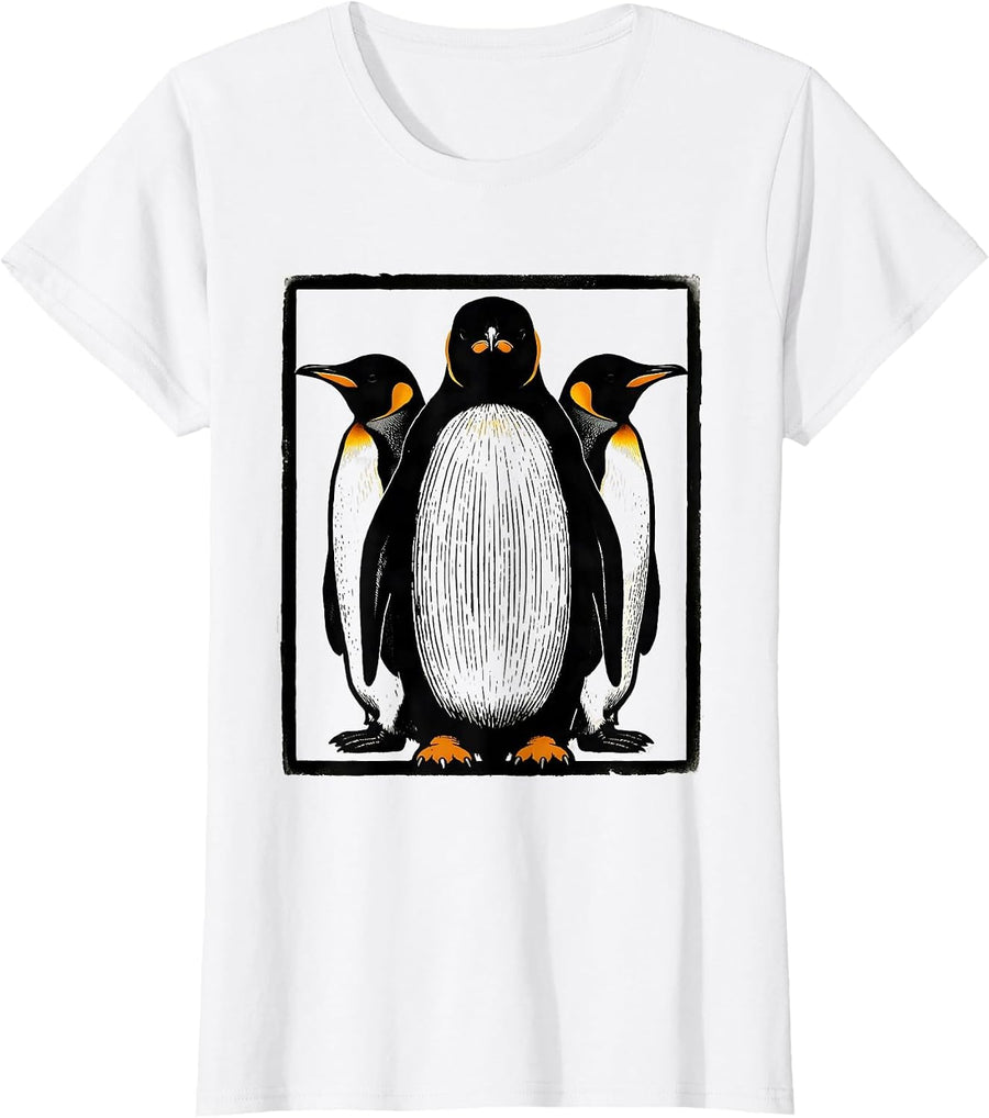 Women's Oversized Penguin Wood Type Letterpress Animal Lover Humor T-Shirt - White