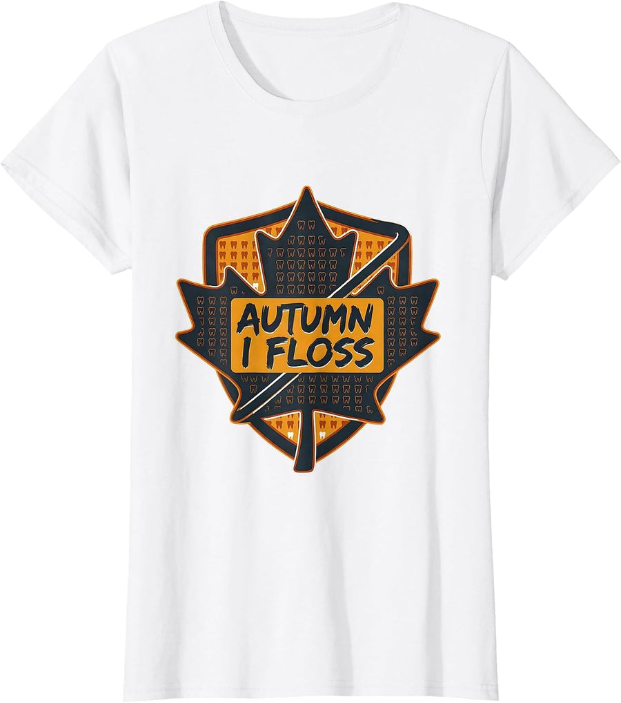 Women's Autumn I Floss Midcentury Modern Dental Hygienist Halloween T-Shirt - White