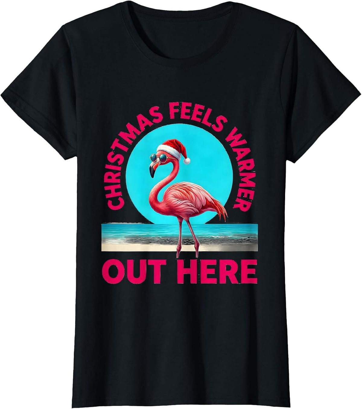 Christmas Feels Warmer Out Here Whimsical Pink Flamingo T-Shirt - Black