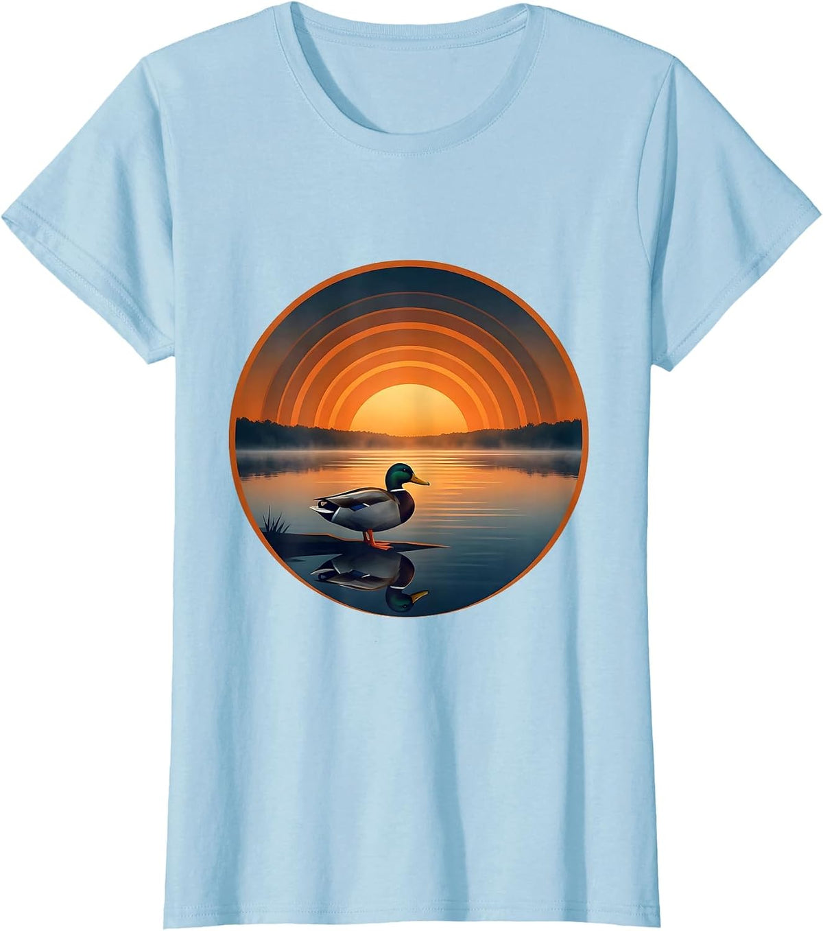 Women's Duck Silhouette Misty Sunrise Lake Graphic T-Shirt - Baby Blue