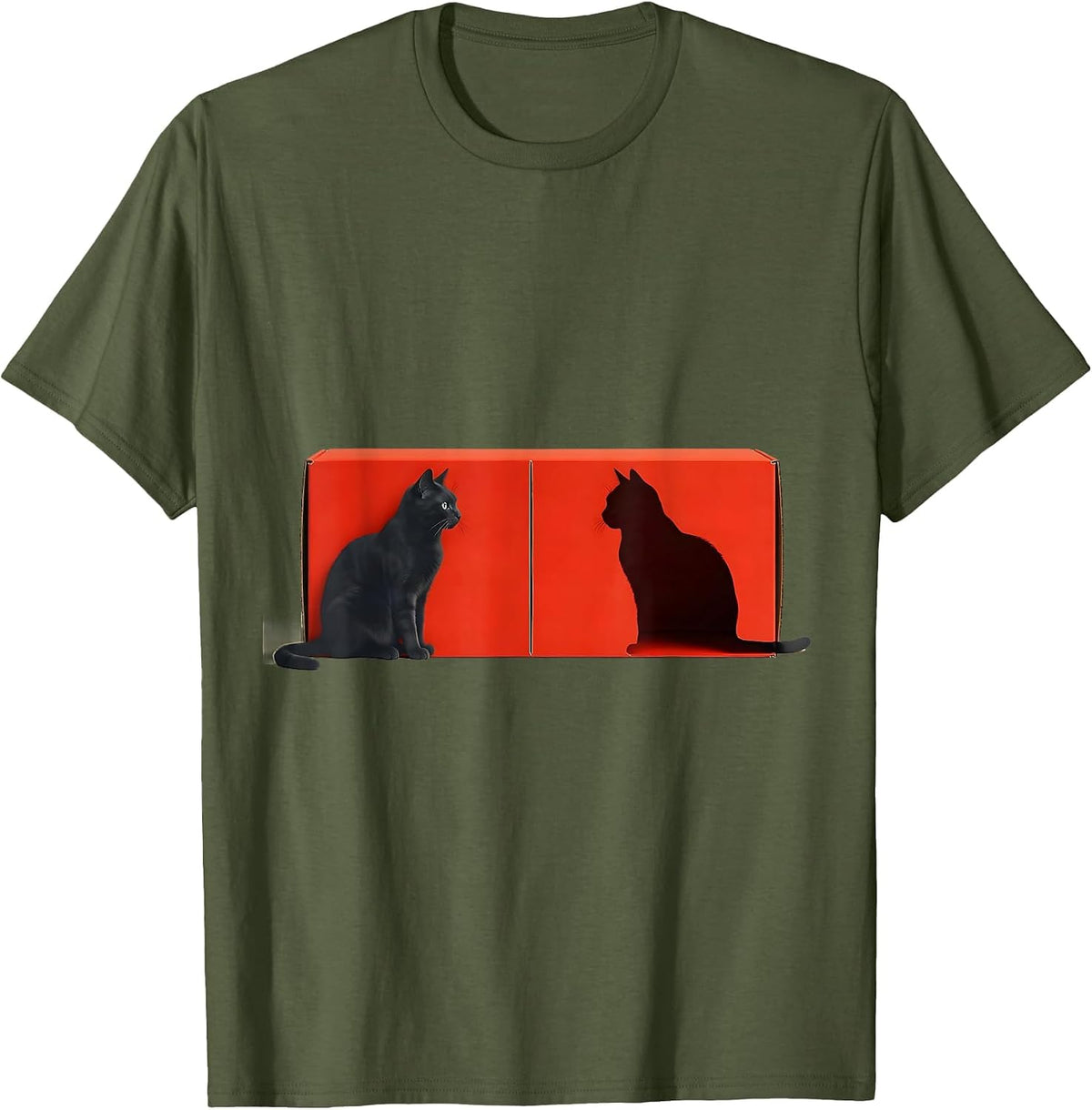 Sealed Box Cat Silhouette Quantum Physics Humor T-Shirt - Olive Green