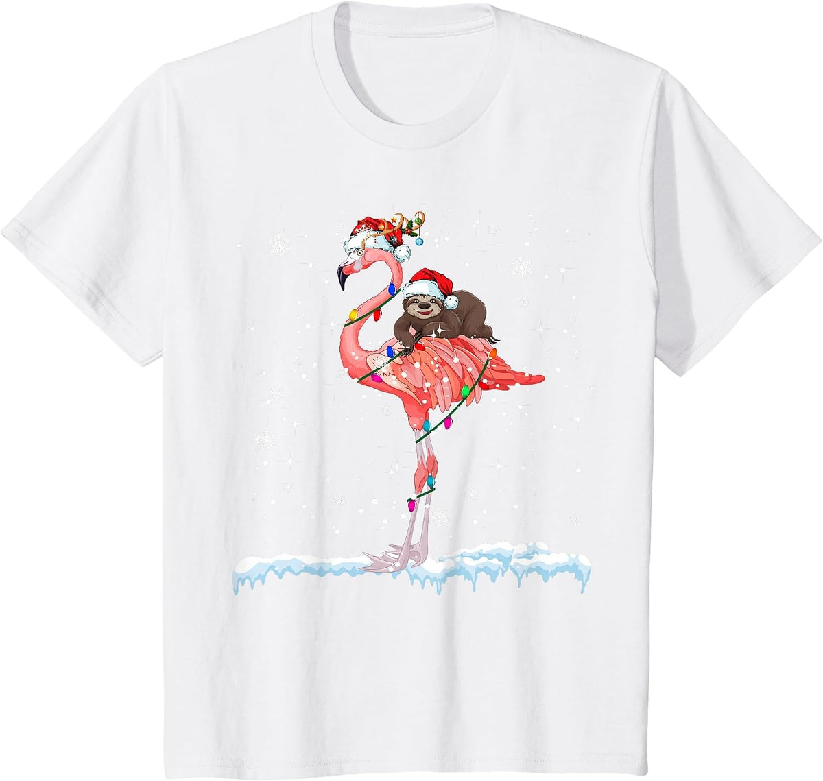 Santa Sloth Ridding Flamingo Reindeer Xmas Sloth Flamingo T-Shirt - White