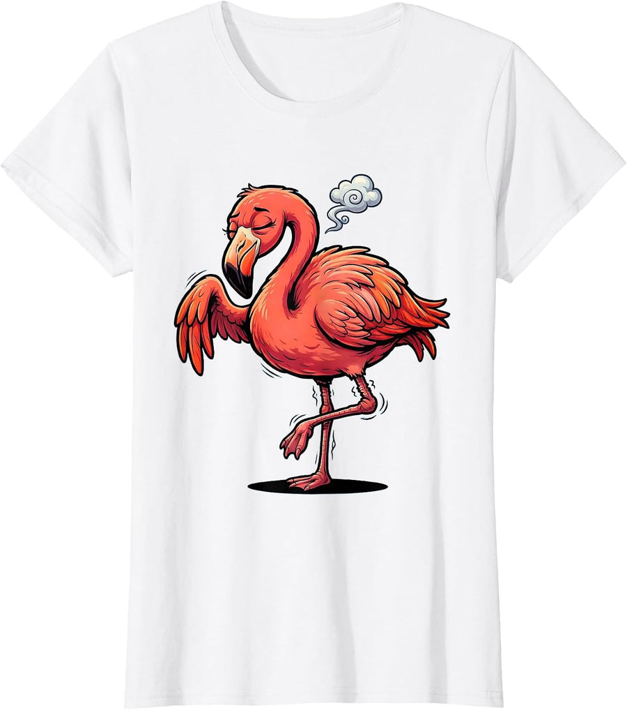 Women's Sleepy Flamingo Funny Dozing Bird Illustration T-Shirt - White