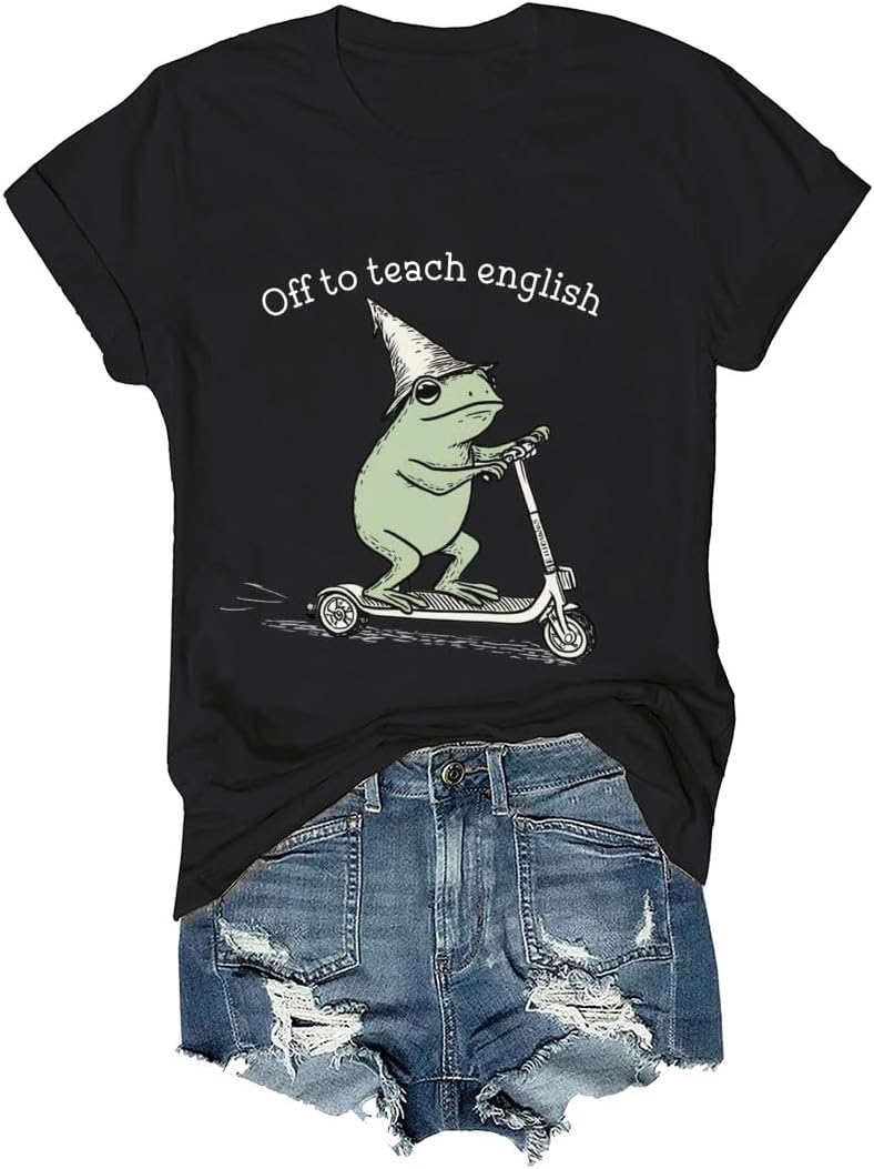 Off to Teach English T-Shirt, English Teacher Frog Tee, Back to School Classroom Humor Shirt - Crewneck Black
