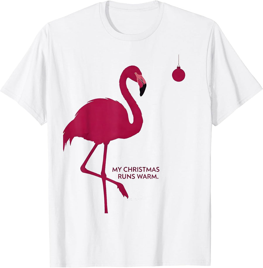 Men's My Christmas Runs Warm Funny Pink Flamingo Christmas in July T-Shirt - White