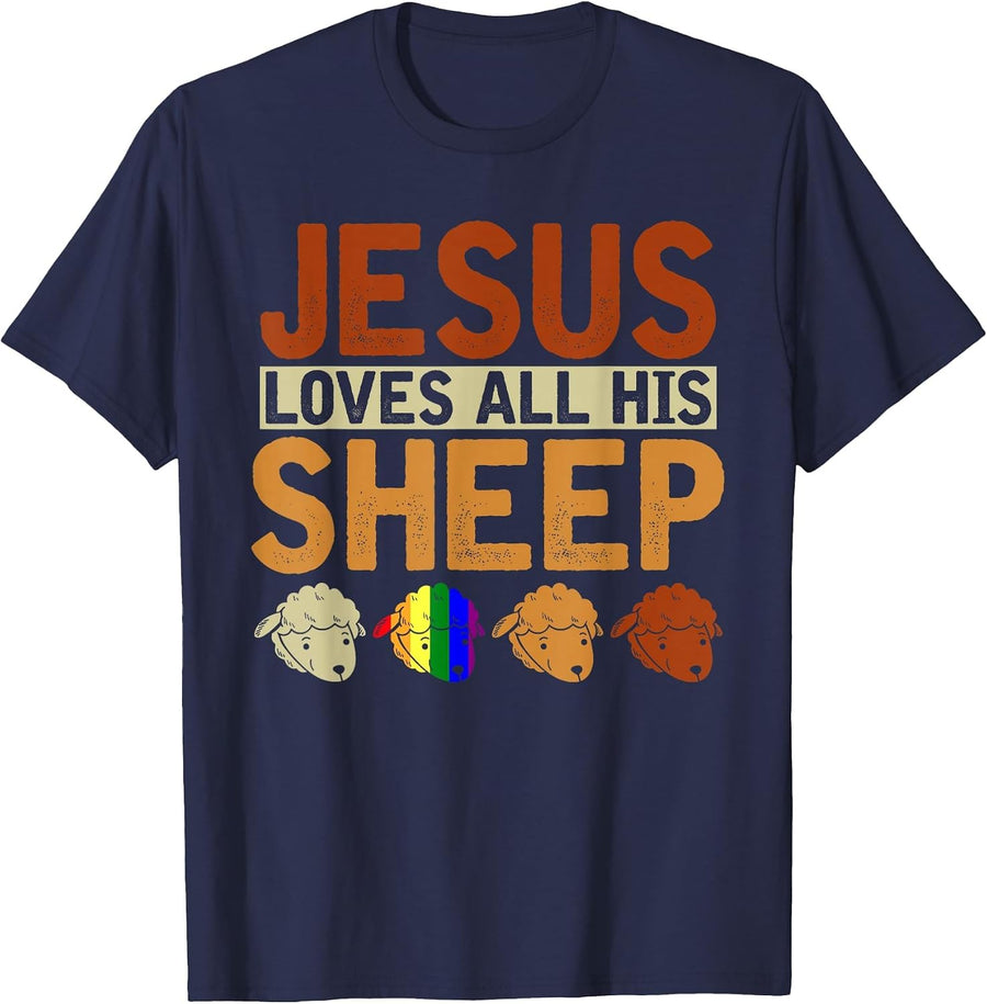 Jesus Loves All His Sheep Christianity Rainbow LGBT Jesus T-Shirt - Navy Blue