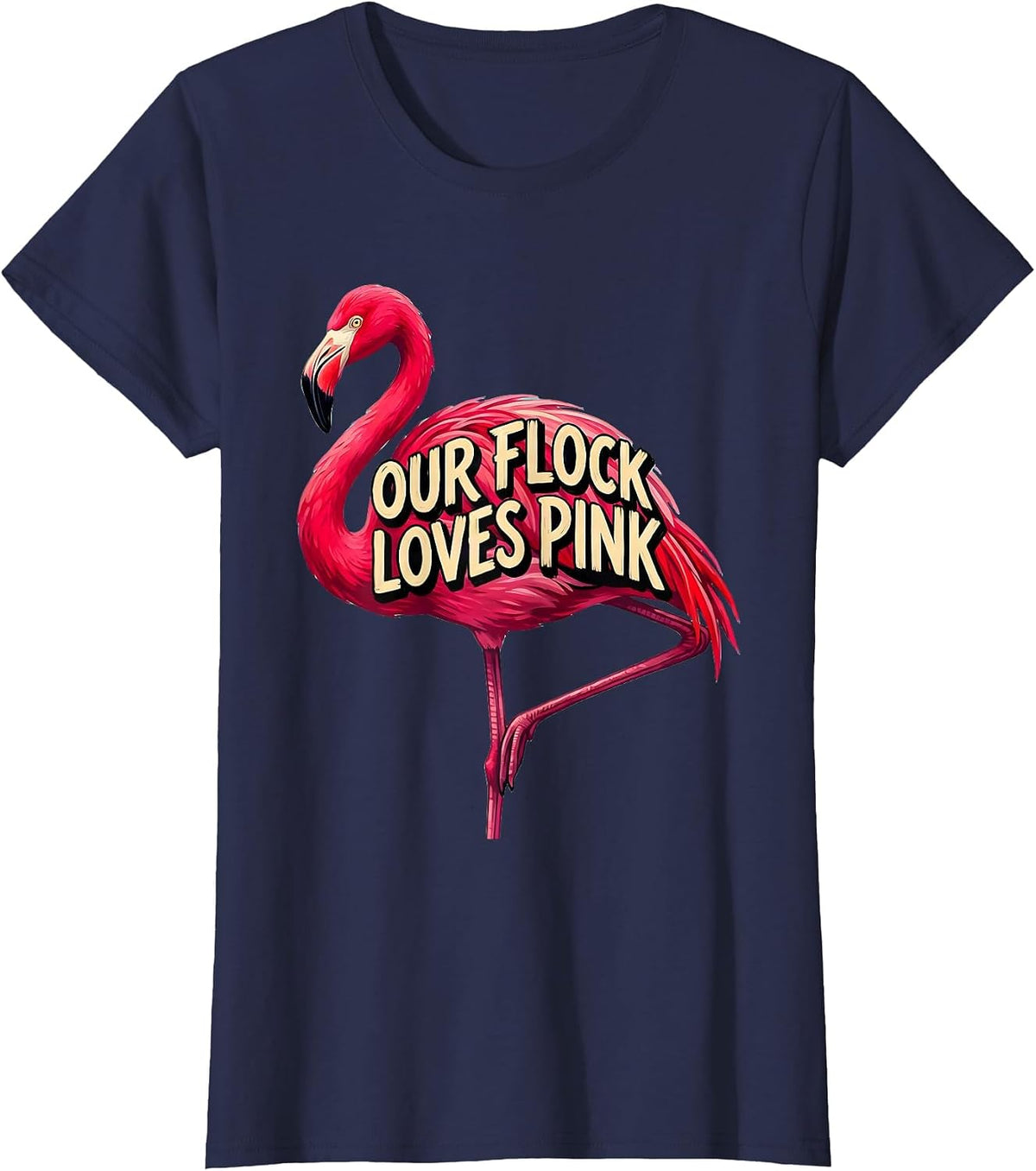 Women's Our Flock Loves Pink Funny Flamingo Novelty Bird Lover Gift T-Shirt - Navy Blue