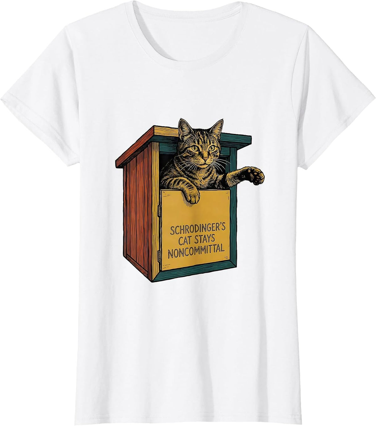 Schrodinger's Cat Stays Noncommittal Funny Quantum Physics T-Shirt - White