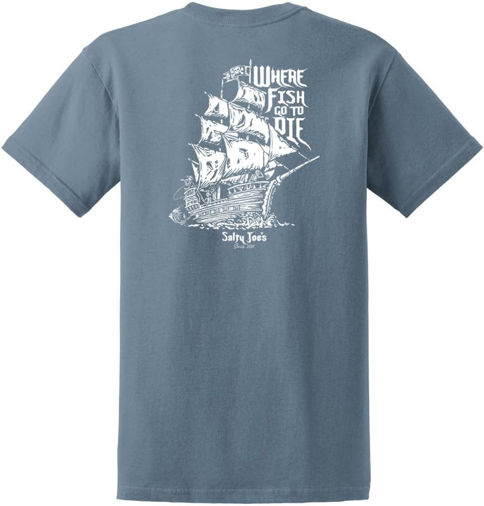 SALTY JOES Men's Skeleton Ship Logo Heavyweight Tees - Stone Blue \/ White Skeleton Ship Logo