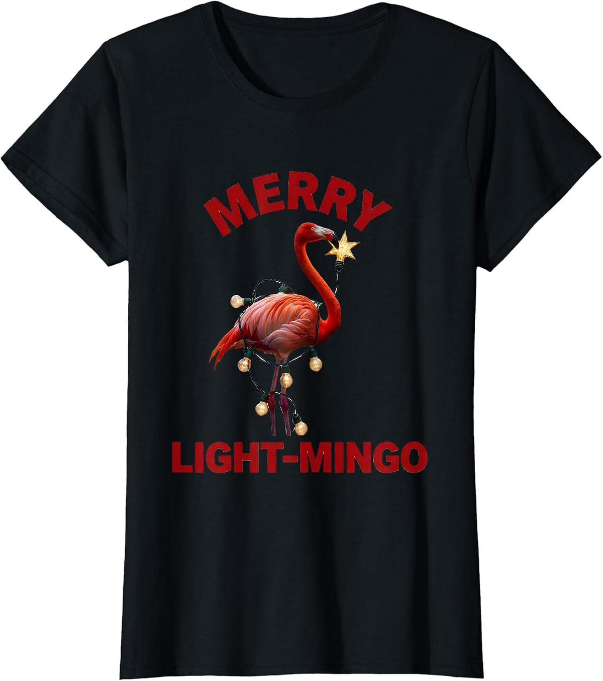 Women's Merry Light-Mingo Funny Flamingo Cactus Christmas in July T-Shirt - Black