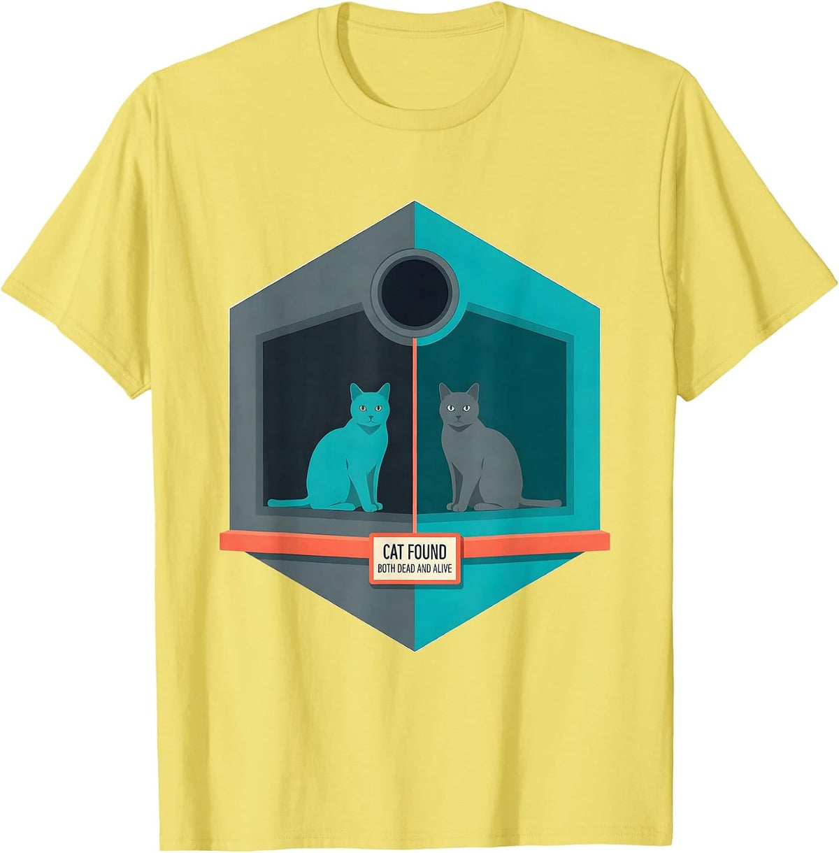 Men's Cat Found Both Dead And Alive Quantum Physics Humor T-Shirt - Lemon Yellow