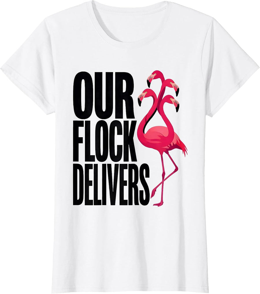 Women's Our Flock Delivers Flamingo Matching Family Vacation Group T-Shirt - White