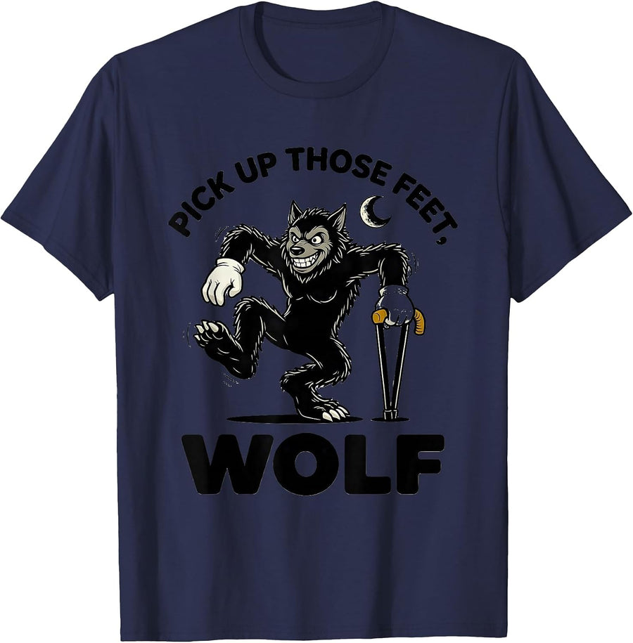 Pick Up Those Feet, Wolf Retro Cartoon OT PT Halloween Humor T-Shirt - Navy Blue