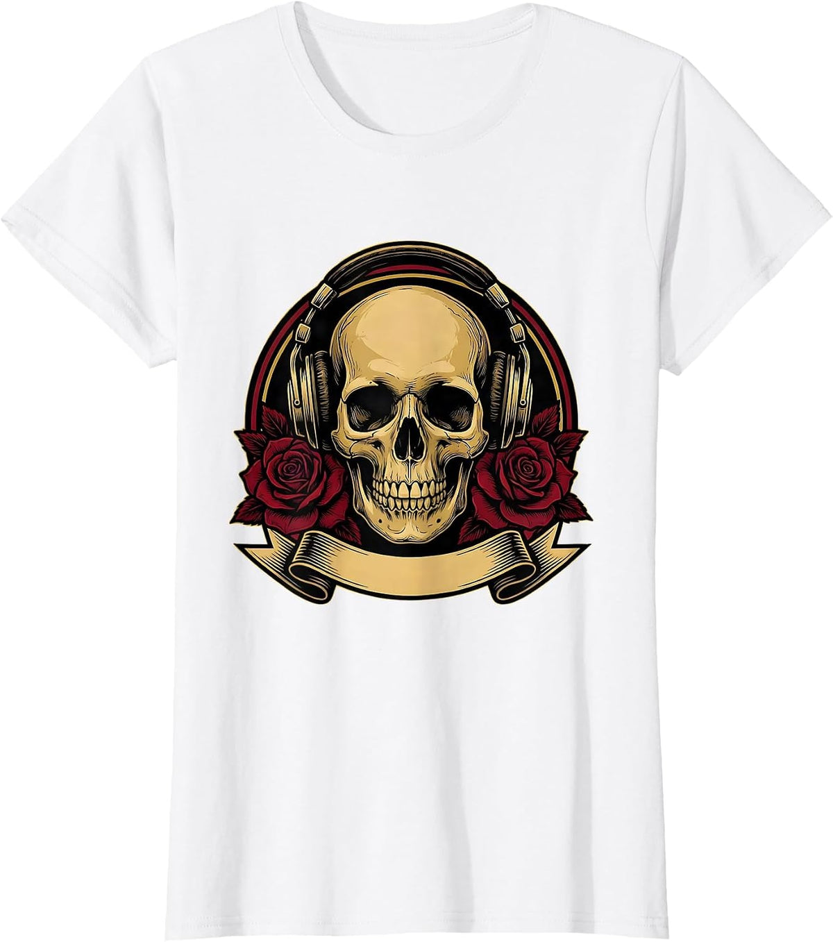 Women's Skull Vintage Headphones Rock Band Graphic T-Shirt - White