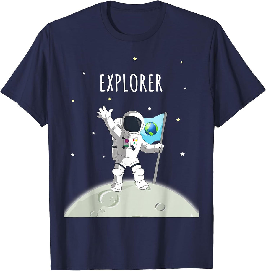 Kids Astronaut Space Explorer T-Shirt | Moon Space Tee T-Shirt - Navy Blue