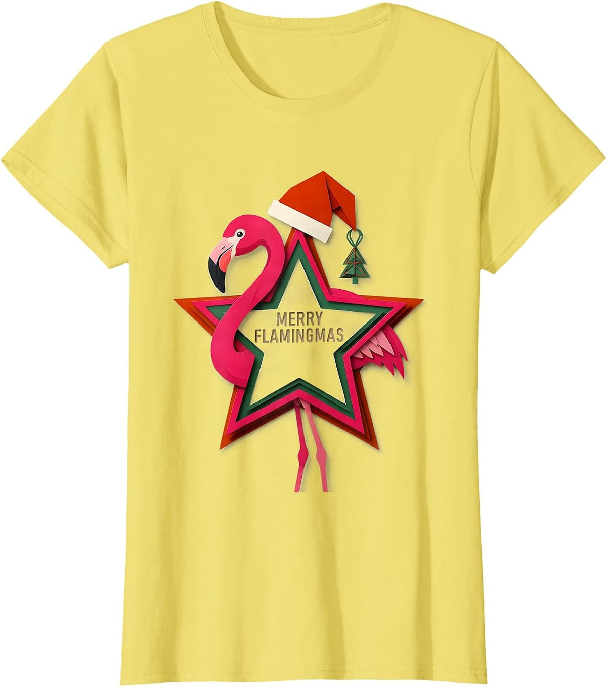 Merry Flamingmas Pink Flamingo Christmas Star Ornament T-Shirt - Lemon Yellow