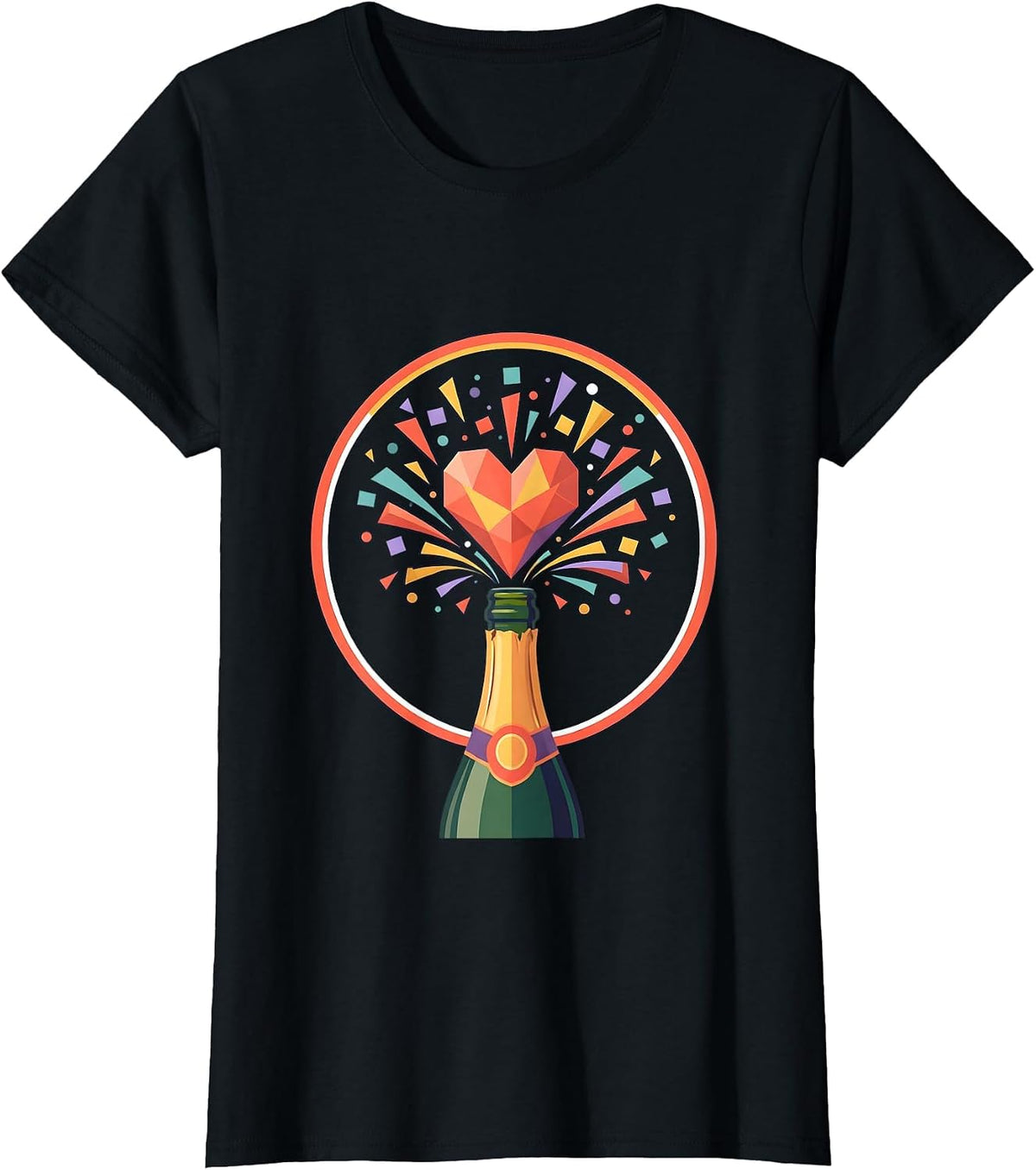 Birthday Champagne Bottle Confetti Heart Burst T-Shirt - Black