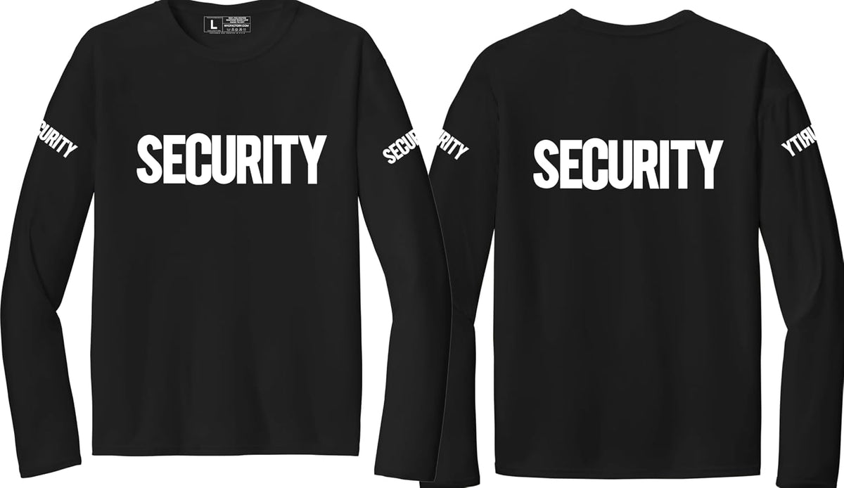 NYC FACTORY Mens Performance Security Long Sleeve T-Shirts - Security Black Front & Back, Security Sleeves