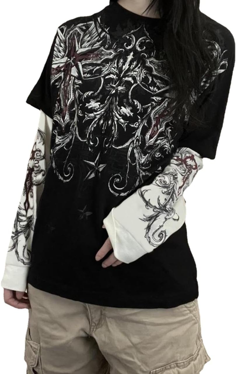 Goth Shirt Gothic Shirt Fake Two-Piece Alternative Clothing Goth Long Sleeve Top Grunge Clothes - Black