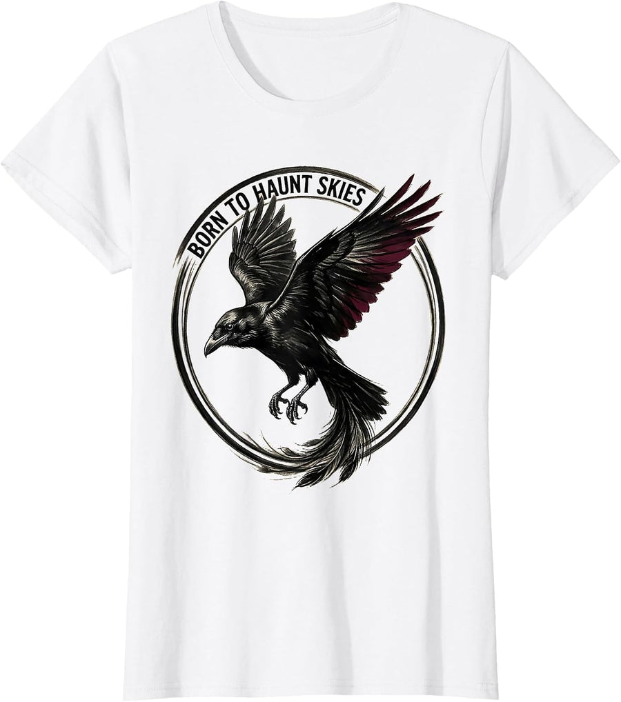 Women's Born to Haunt Skies Crow Graphic Design T-Shirt - White