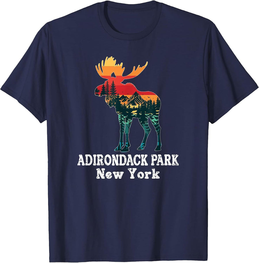 Adirondack Park Moose Silhouette Hiking New York T-Shirt - Navy Blue