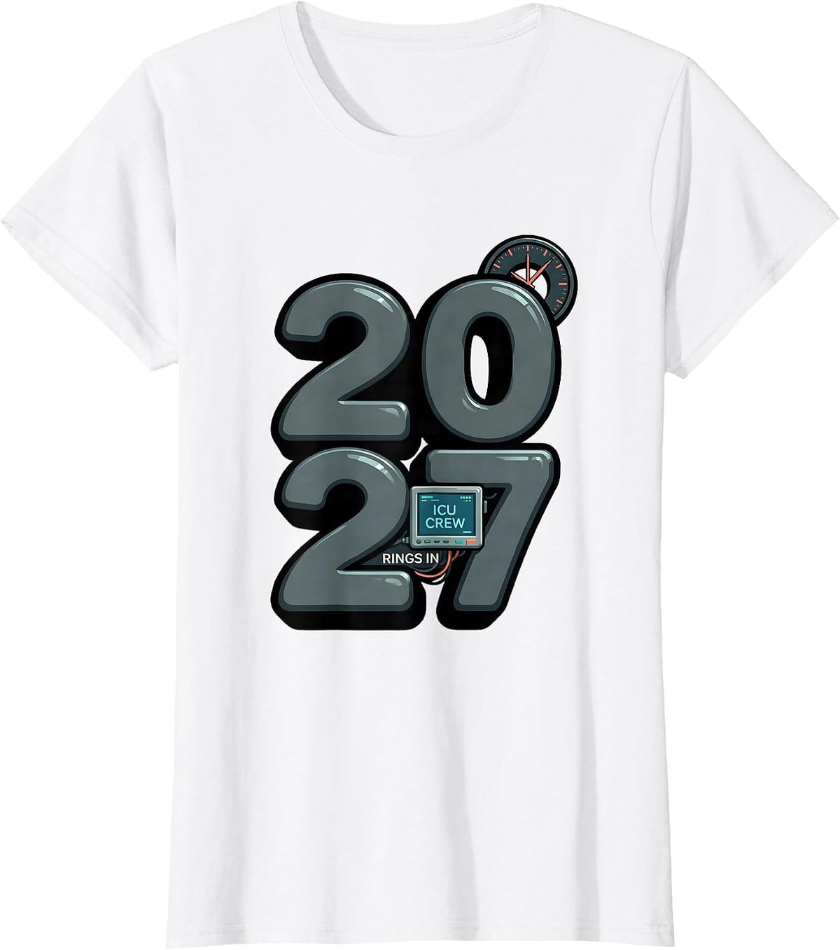 Women's ICU Crew Rings In 2027 Funny Nurse Crew New Years Eve Party T-Shirt - White