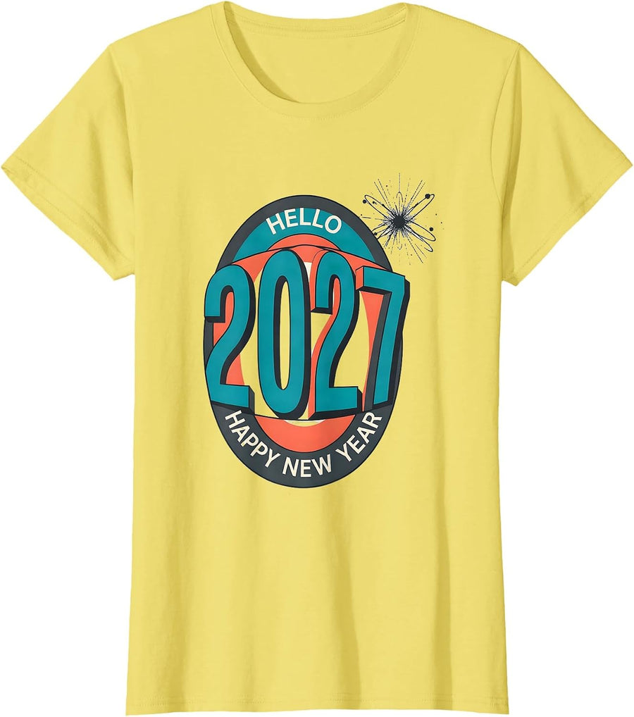 Hello, 2027! Happy New Year Midcentury Modern Party Keepsake T-Shirt - Lemon Yellow