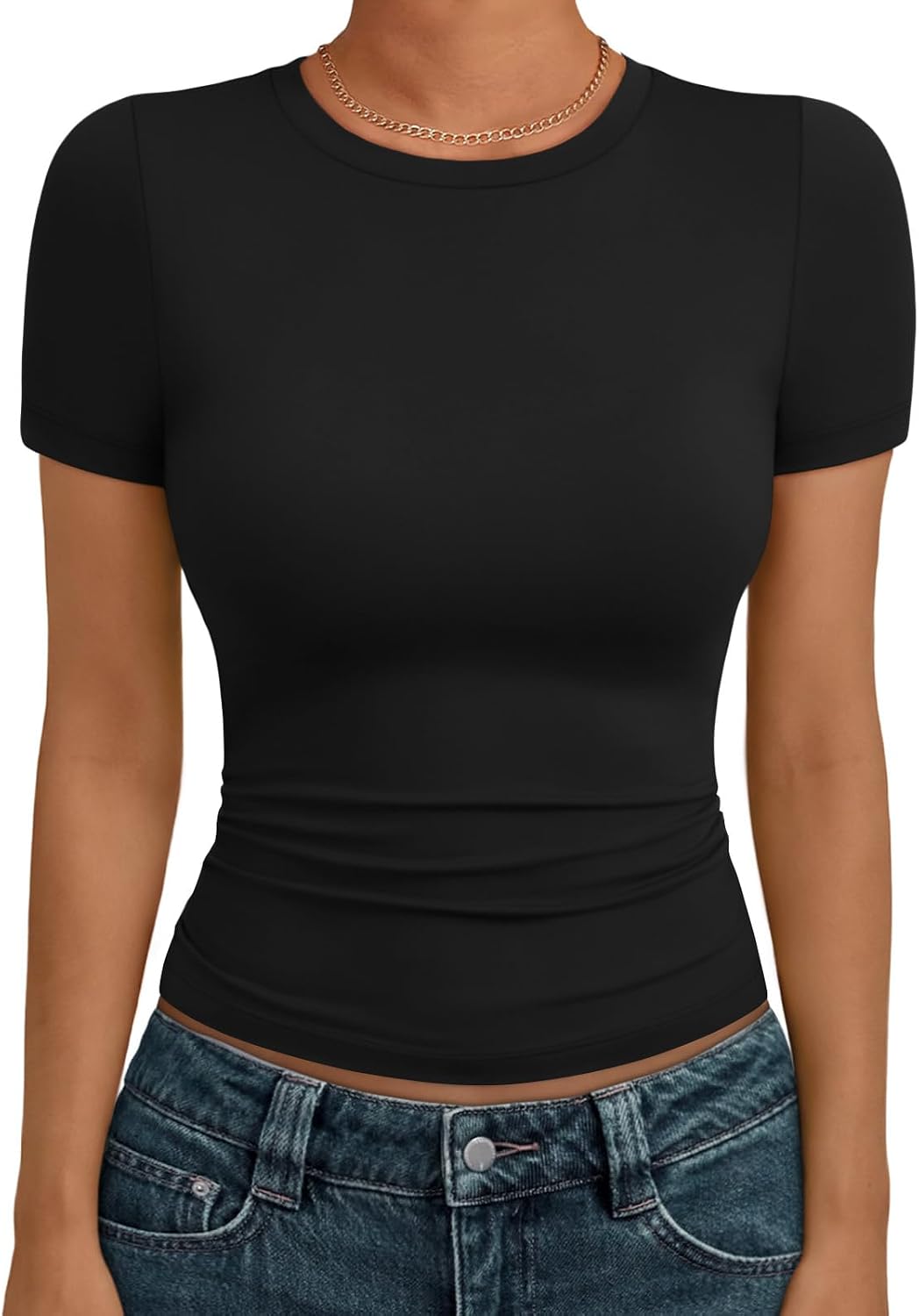 AUTOMET Women's Crewneck Short Sleeve T-Shirt Sexy Slim Fit Basic Going Out Tops - Black