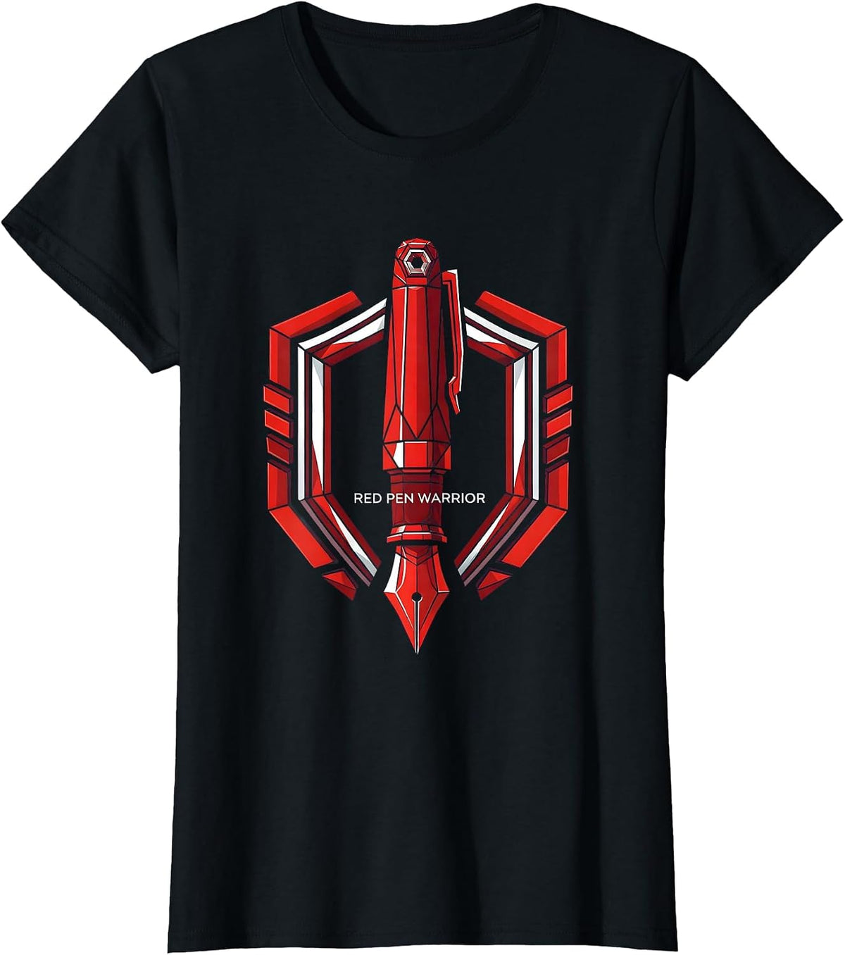 Women's Red Pen Warrior Teacher Graphic Design T-Shirt - Black