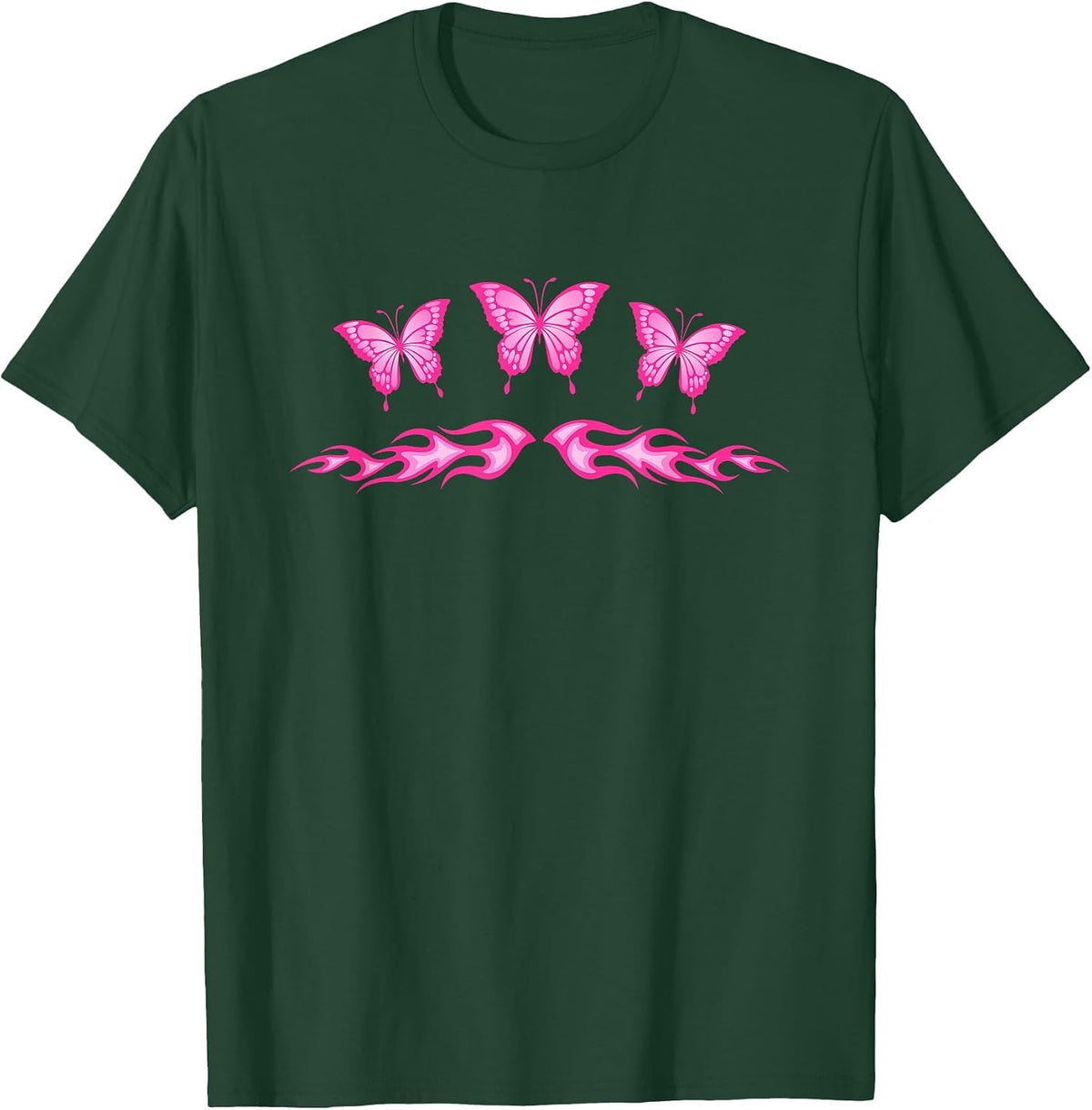 Fairycore Pink Butterfly Tattoo Flames y2k Egirl Aesthetic T-Shirt - Dark Green