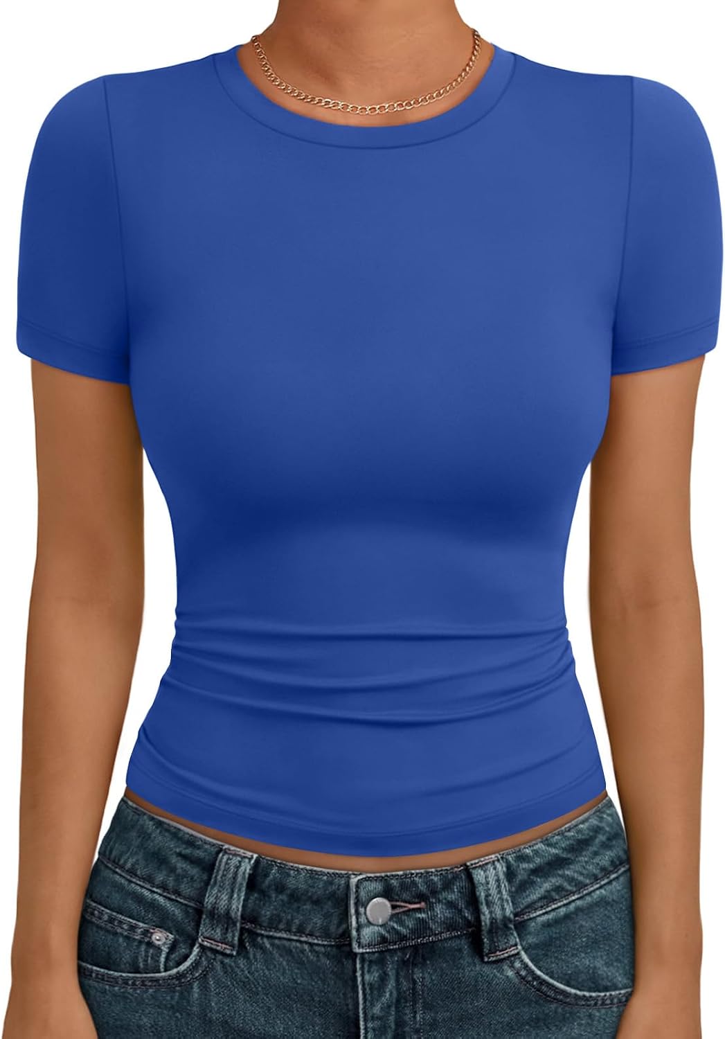 AUTOMET Women's Crewneck Short Sleeve T-Shirt Sexy Slim Fit Basic Going Out Tops - Royal Blue