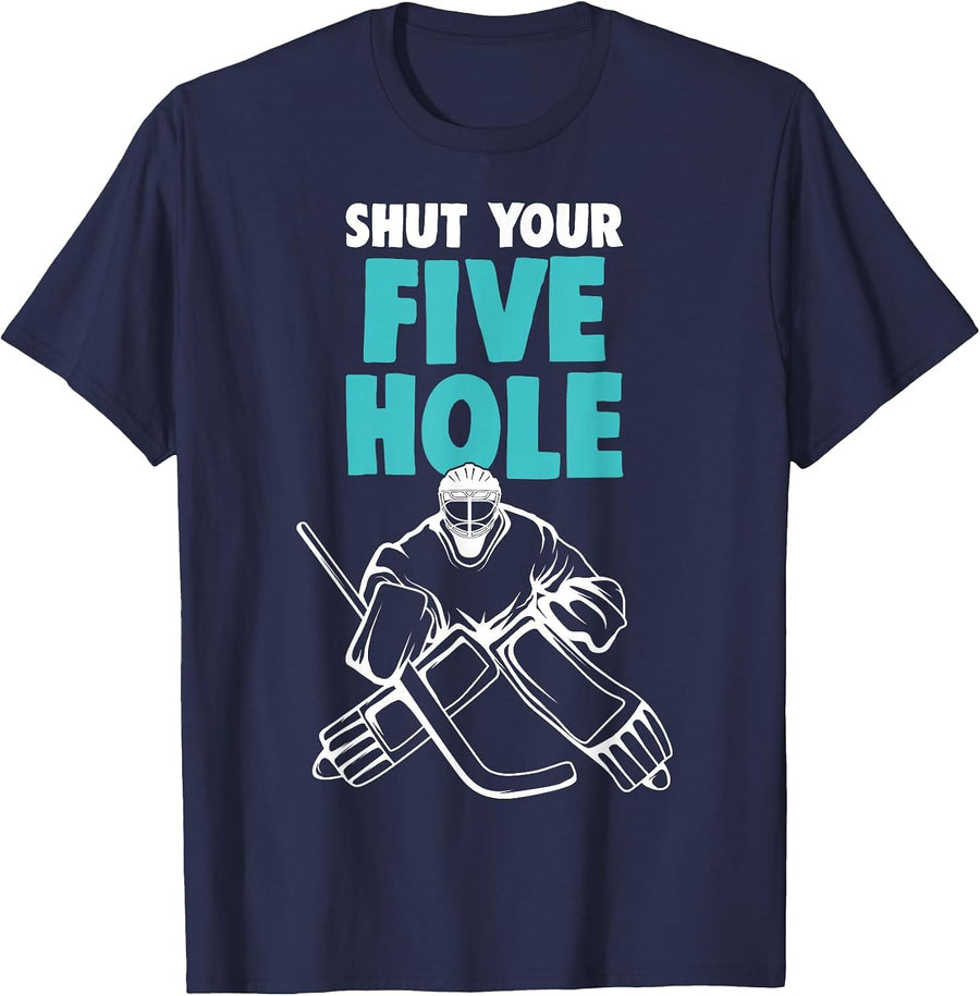 Ice Hockey Goalie Shut Your Five Hole Hockey Kids Boys T-Shirt - Navy Blue