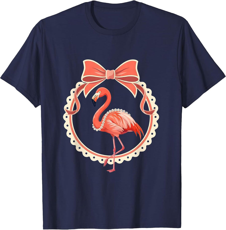 Flamingo Pearl Necklace Birthday Girl Design T-Shirt - Navy Blue