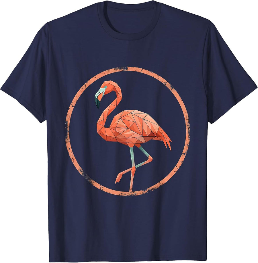Geometric Flamingo Bold Triangle Mosaic Design T-Shirt - Navy Blue