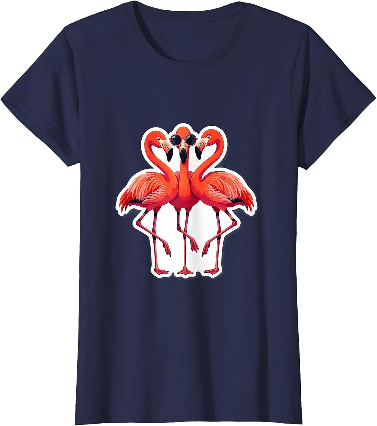 Women's Synchronized Flamingo Sticker-Style Novelty Humor T-Shirt - Navy Blue