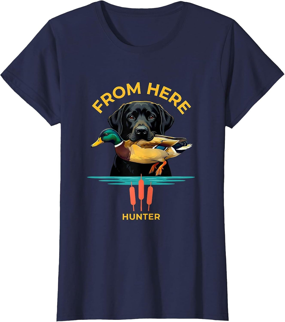 Women's From Here Hunter Flat Vector Labrador Retriever Hunting Dog T-Shirt - Navy Blue