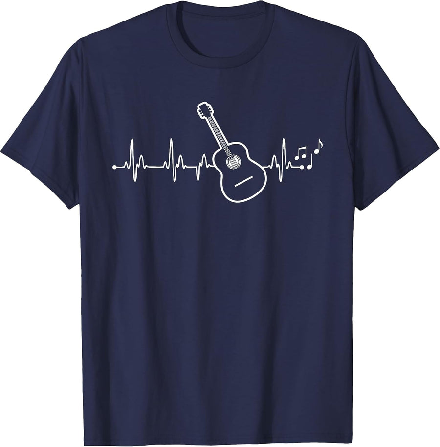 Acoustic Guitar Heartbeat Clothing - Heartbeat Guitar Player T-Shirt - Navy Blue