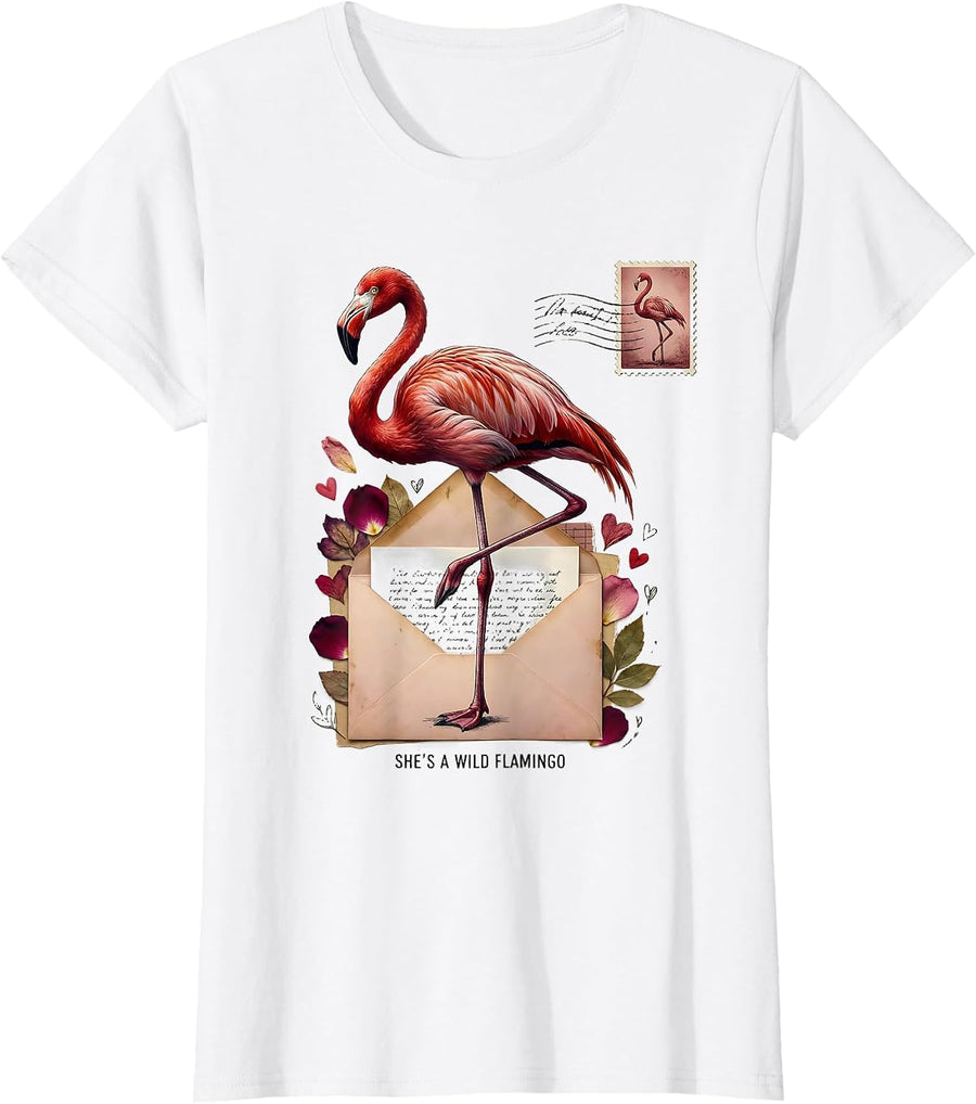 Women's She's a Wild Flamingo Nature Lover Design T-Shirt - White
