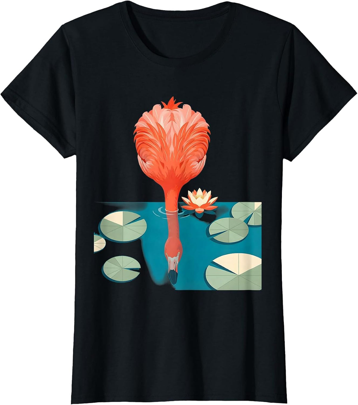 Flamingo Head in Lily Pond Graphic Design T-Shirt - Black