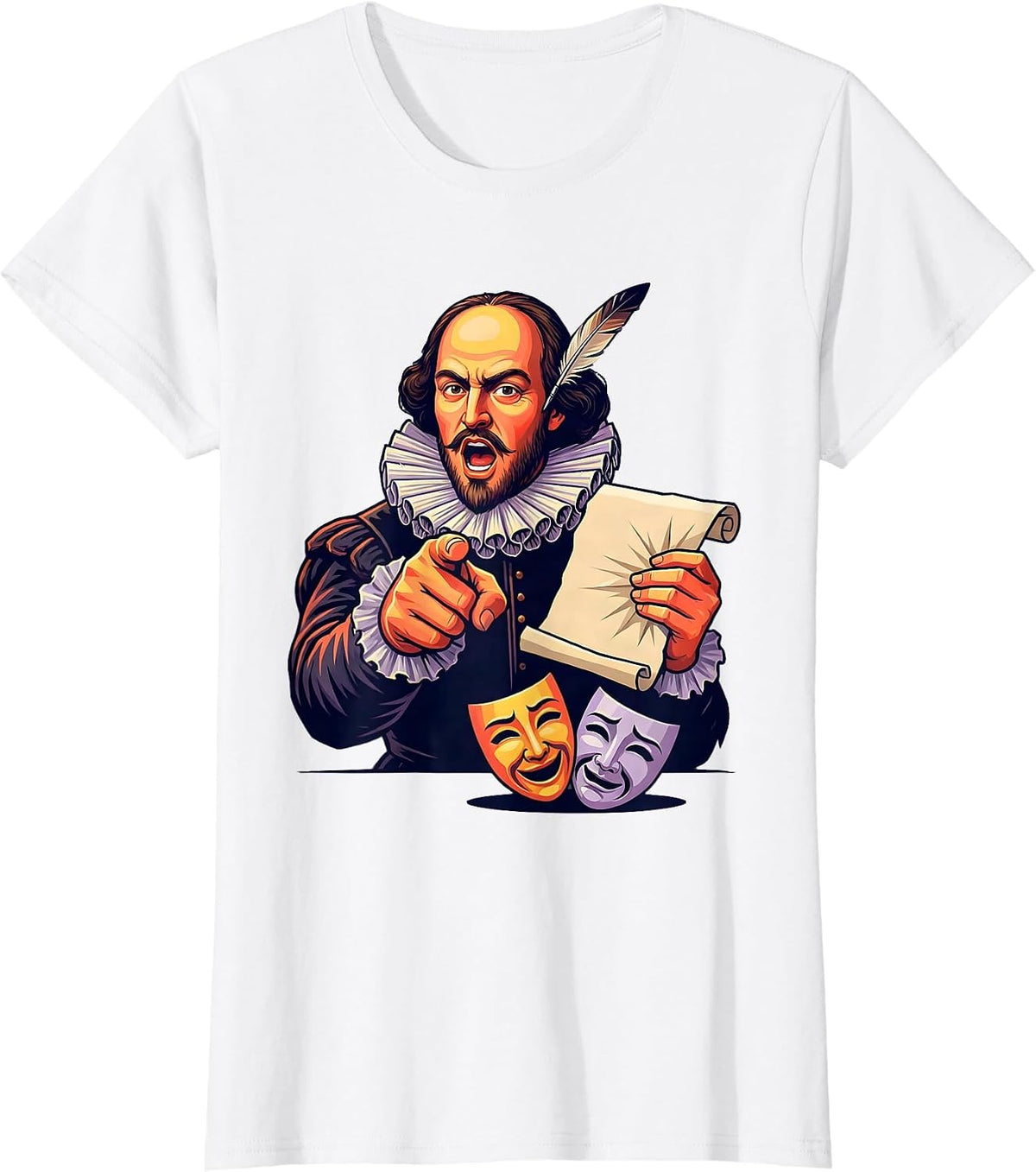 Women's Shakespeare Tragedy Comedy Mask Flat Vector Theater Humor T-Shirt - White