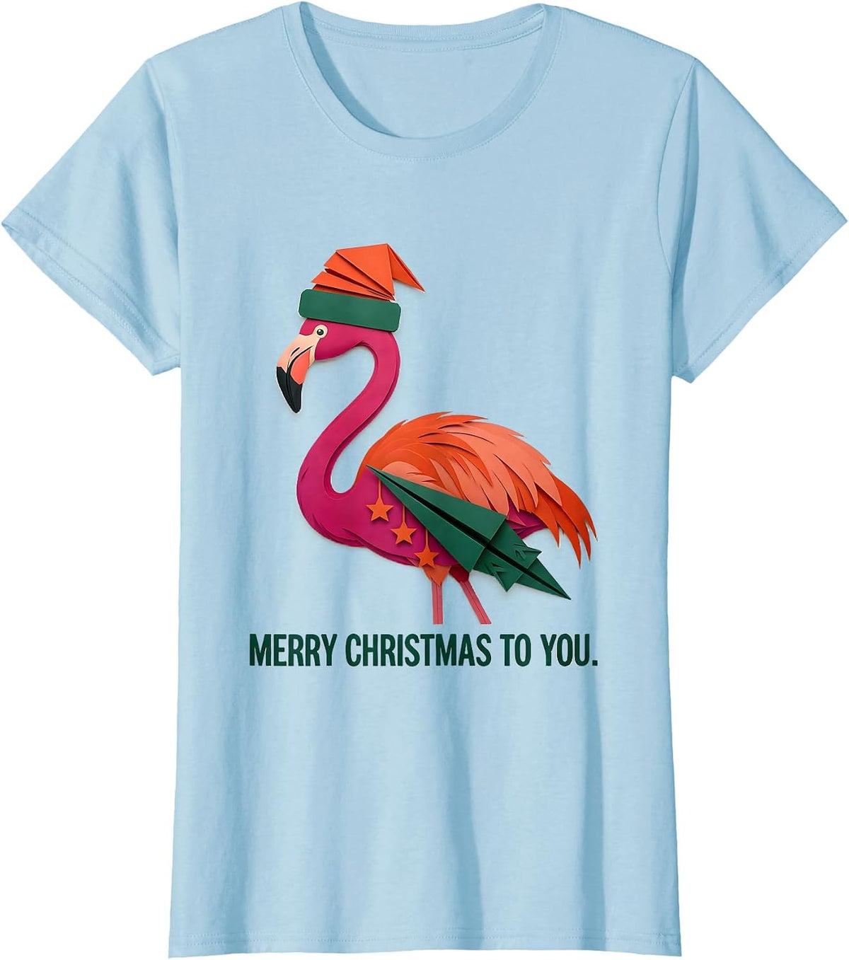 Women's Merry Christmas To You Funny Pink Flamingo Santa Hat Paper T-Shirt - Baby Blue