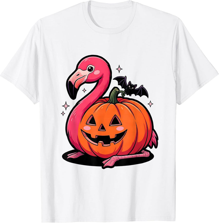 Men's Pink Flamingo Jack-O-Lantern Halloween Design T-Shirt - White