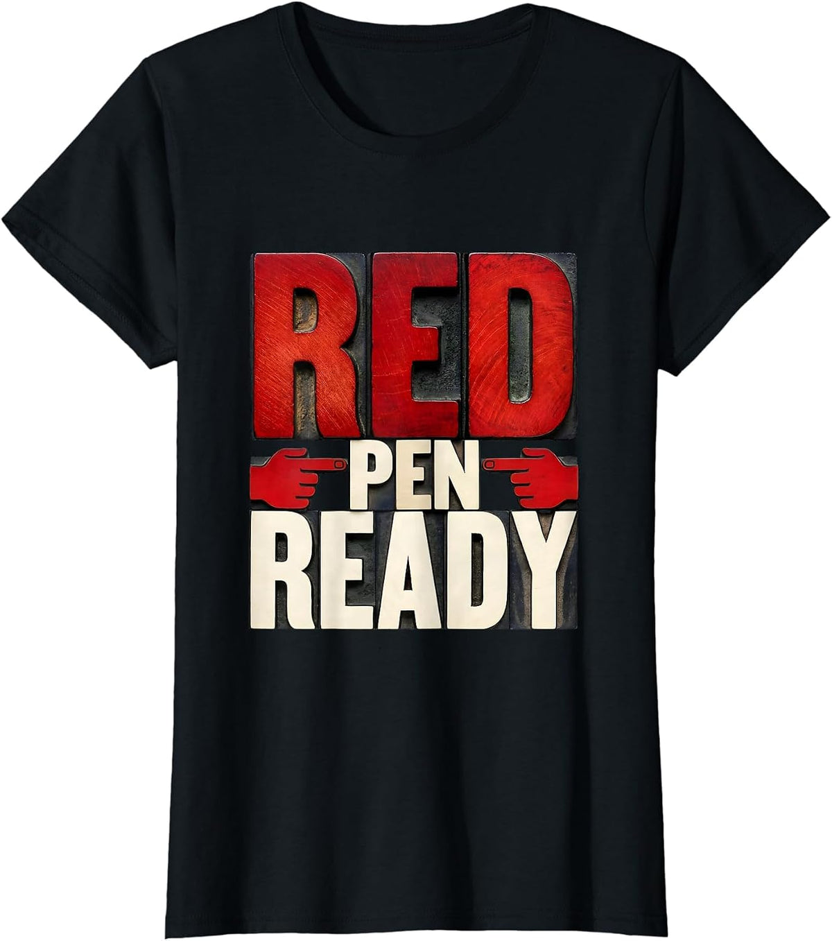 Women's Red Pen Ready Teacher Graphic Design T-Shirt - Black