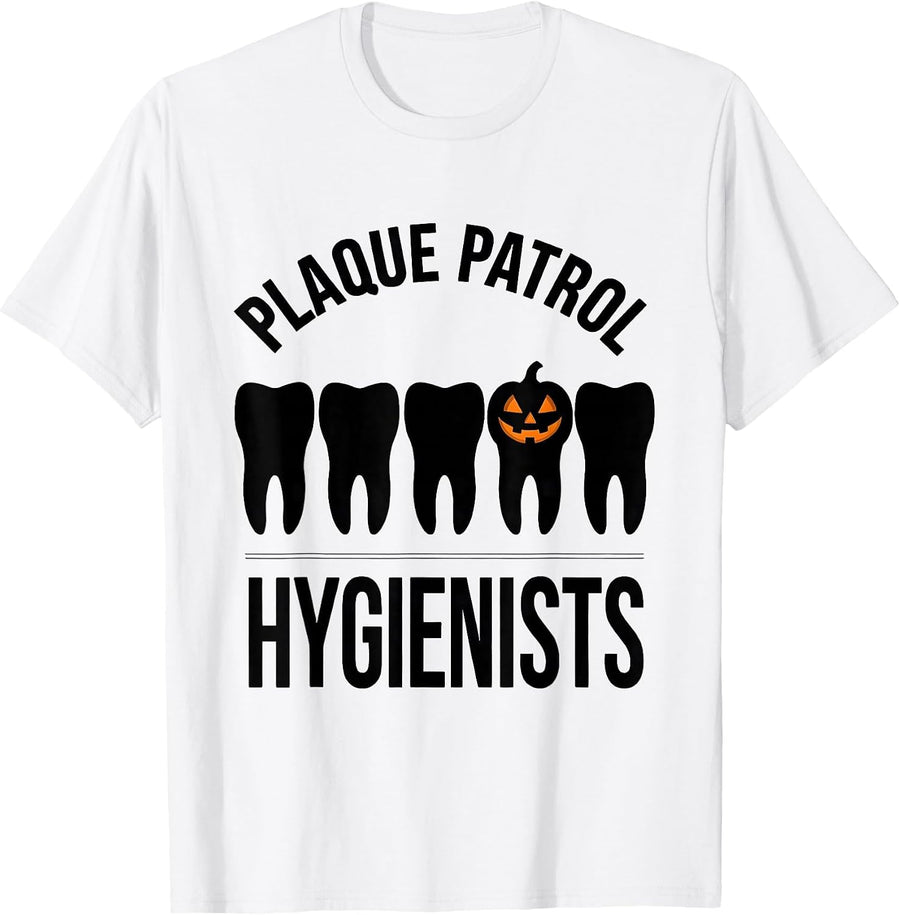 Men's Plaque Patrol Hygienists Funny Dental Hygienist Halloween T-Shirt - White