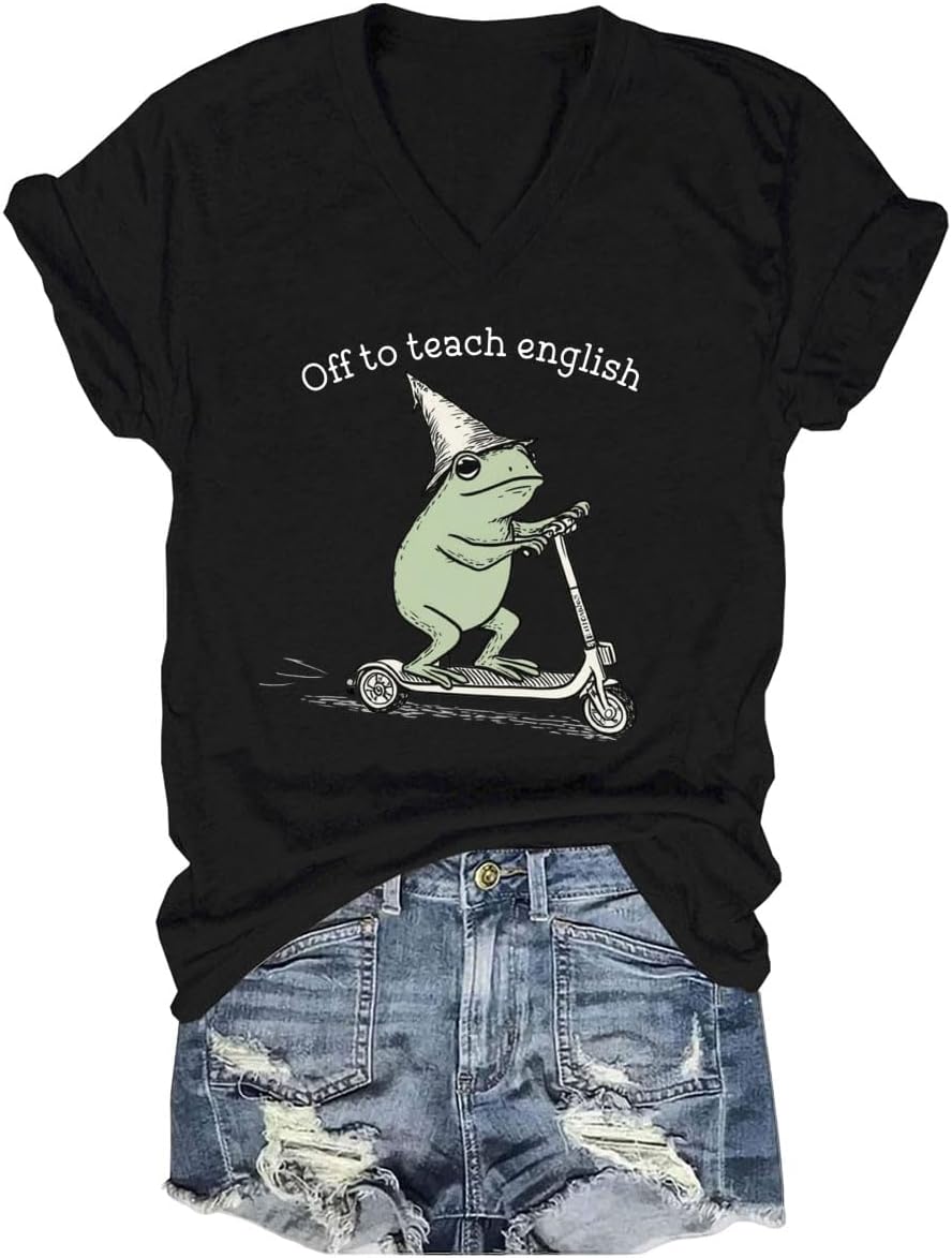 Off to Teach English T-Shirt, English Teacher Frog Tee, Back to School Classroom Humor Shirt - V-Neck Black-v