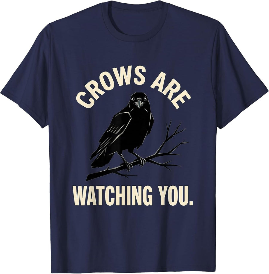 Crows Are Watching You Creepy Bird Design T-Shirt - Navy Blue