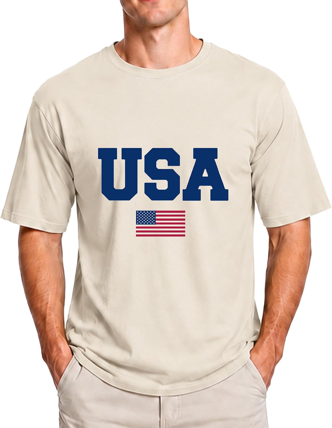 Men Graphic T Shirt American Flag 100% Cotton Patriotic USA Crewneck Tee - Beige